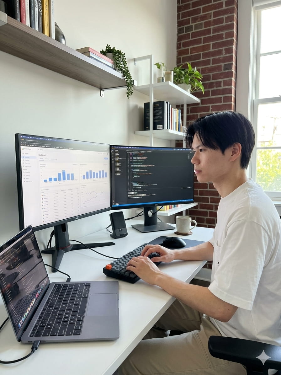 Byron at his desk, working across two monitors